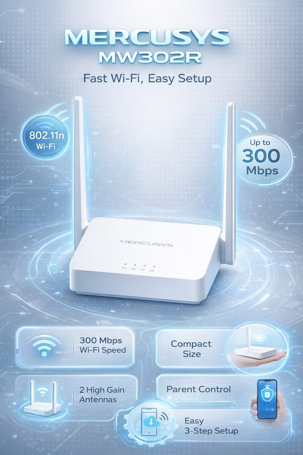 Wi-Fi-роутер Mercusys MW302R, стандарт 802.11 b/g/n, скорость до 300 Мбит/c