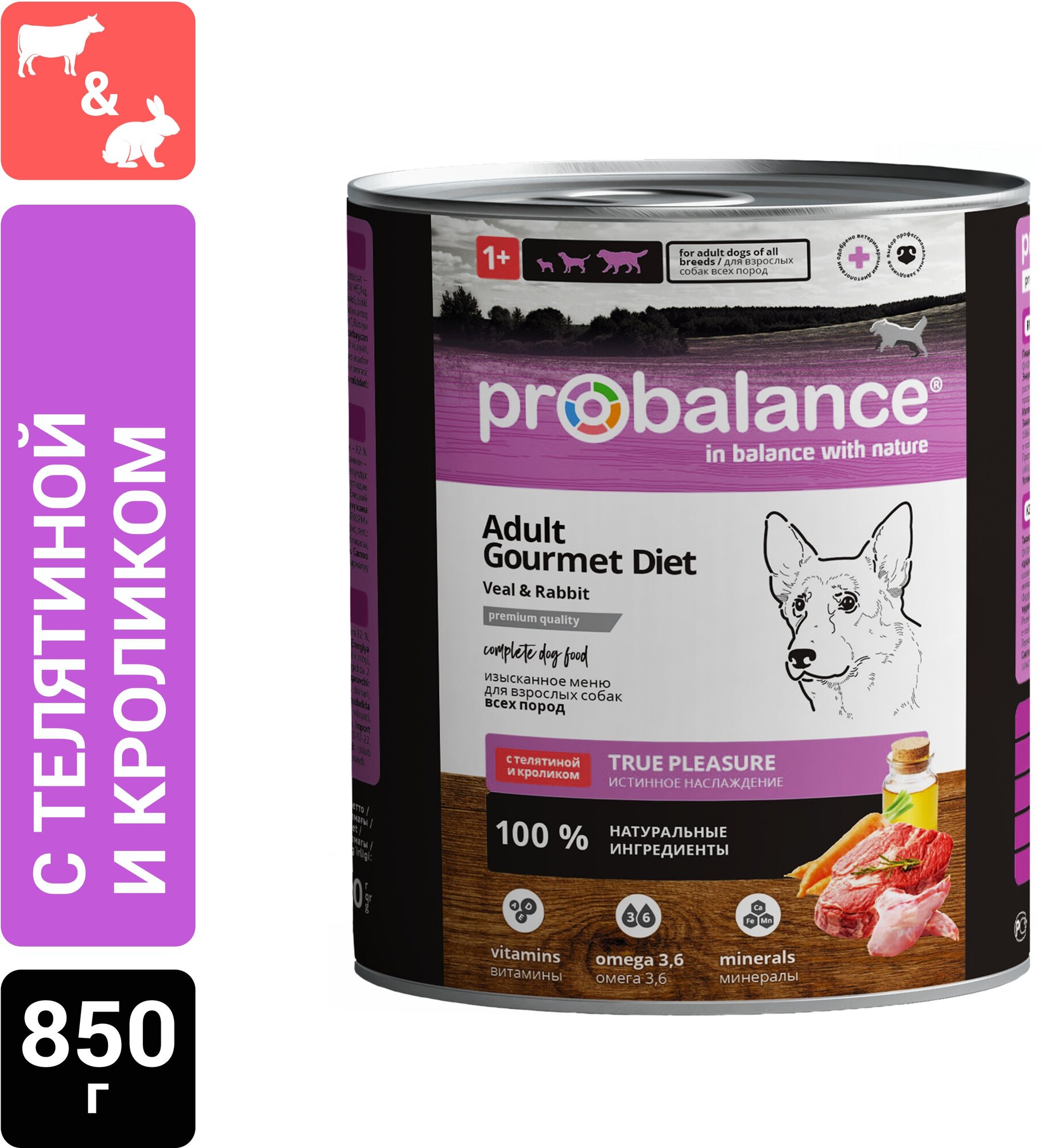 Консервированный корм ProBalance Adult Gourmet Diet для собак с телятиной и кроликом, 850г