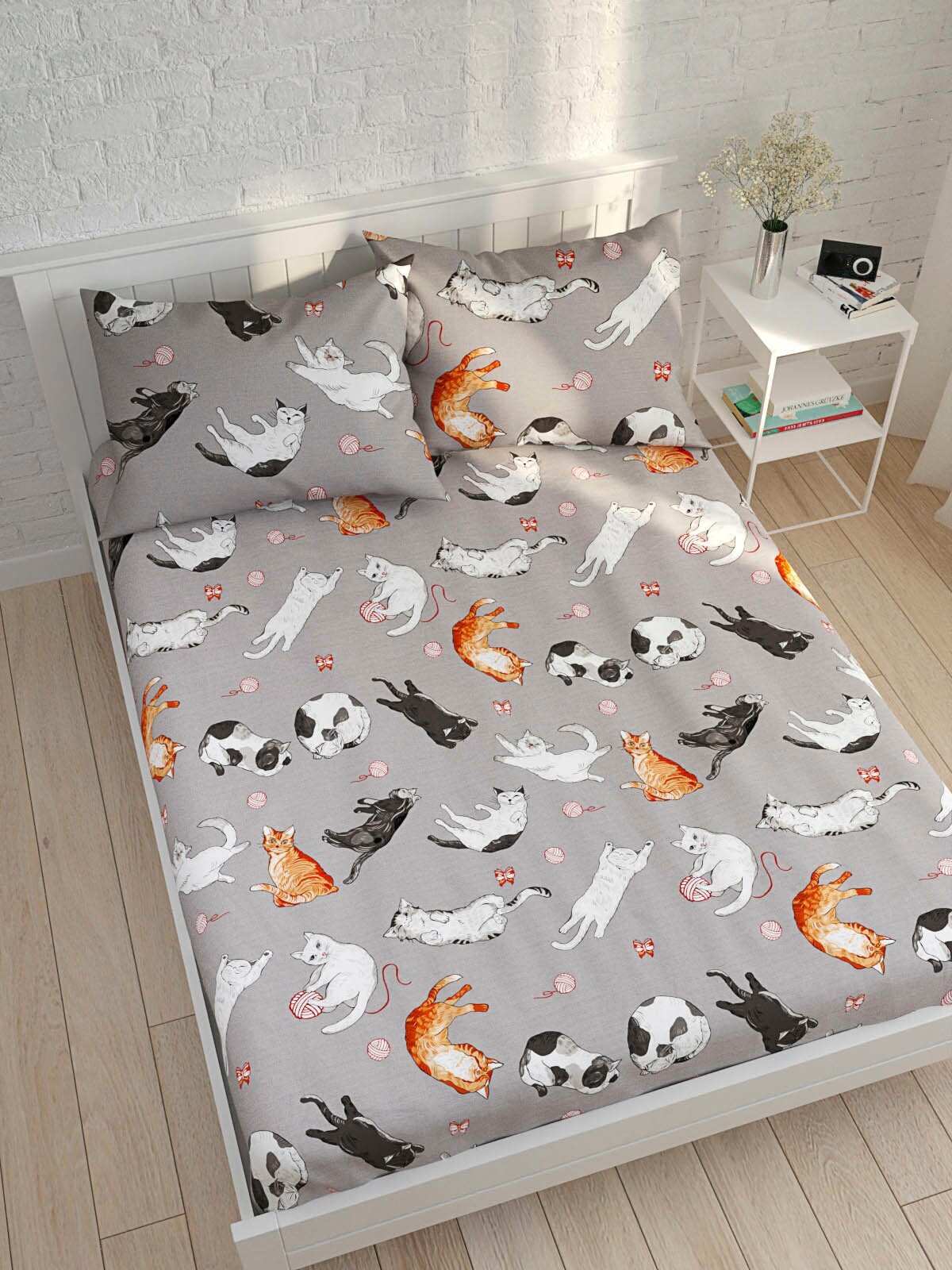 Постельное Белье Котики Котики "Kitties" 1,5-сп Наволочка 50х70 см 1 шт простынь на резинке 90х200 см пододеяльник 145х215 — фото 1