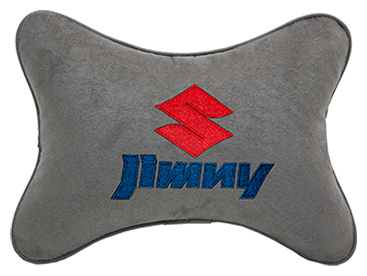 Автомобильная подушка на подголовник алькантара L.Grey с логотипом автомобиля SUZUKI Jimny