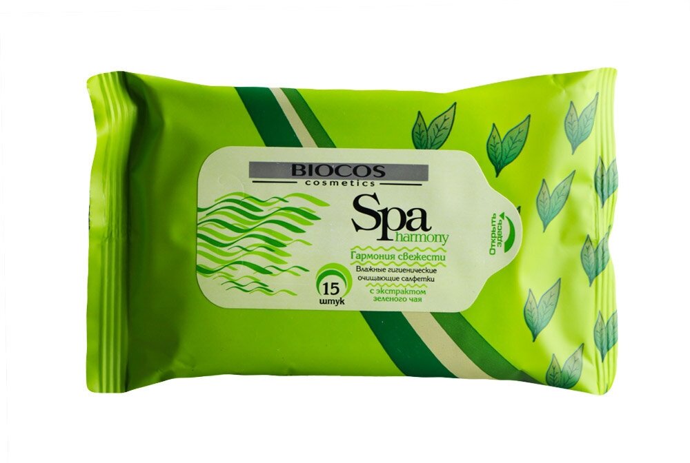 BioCos Влажные салфетки Spa harmony, с экстрактом зеленого чая, 15 шт.