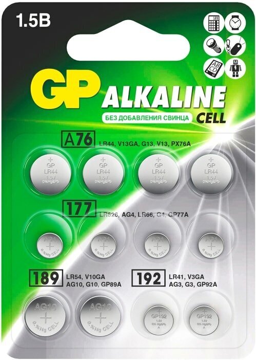 Набор батареек GP Alkaline cell LR44/LR626/LR54/LR41 12шт