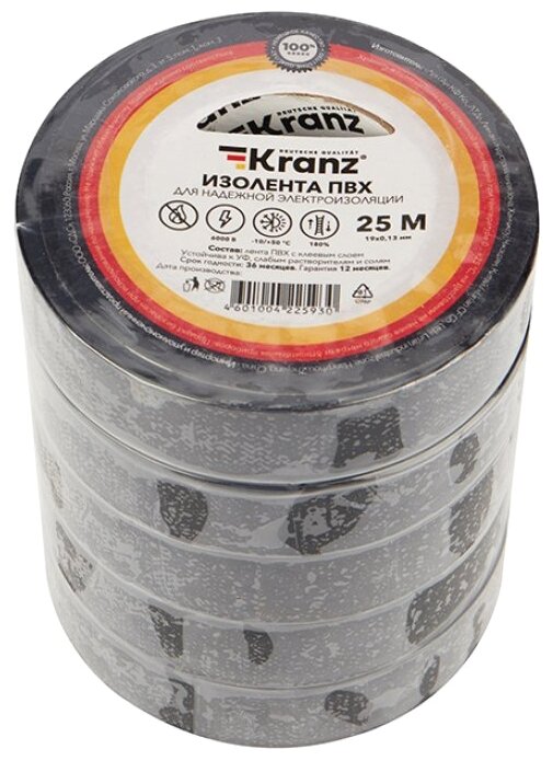 Изолента ПВХ KRANZ 0.13х19 мм, 25 м, черная KR-09-2206 1шт.