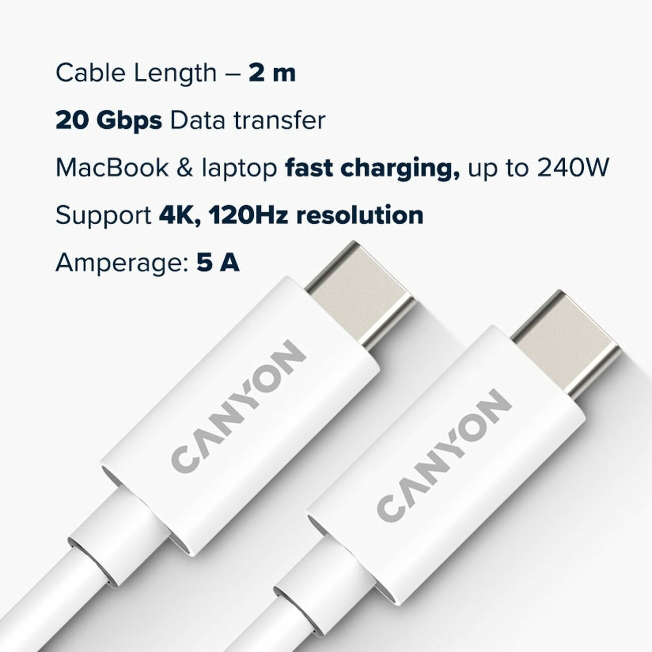 Кабель для зарядки и передачи данных Canyon UC-42 USB 4, USB Type-C - USB Type-C, 48В/5A (до 240W), 2м, Белый CNS-USBC42W - фото №5