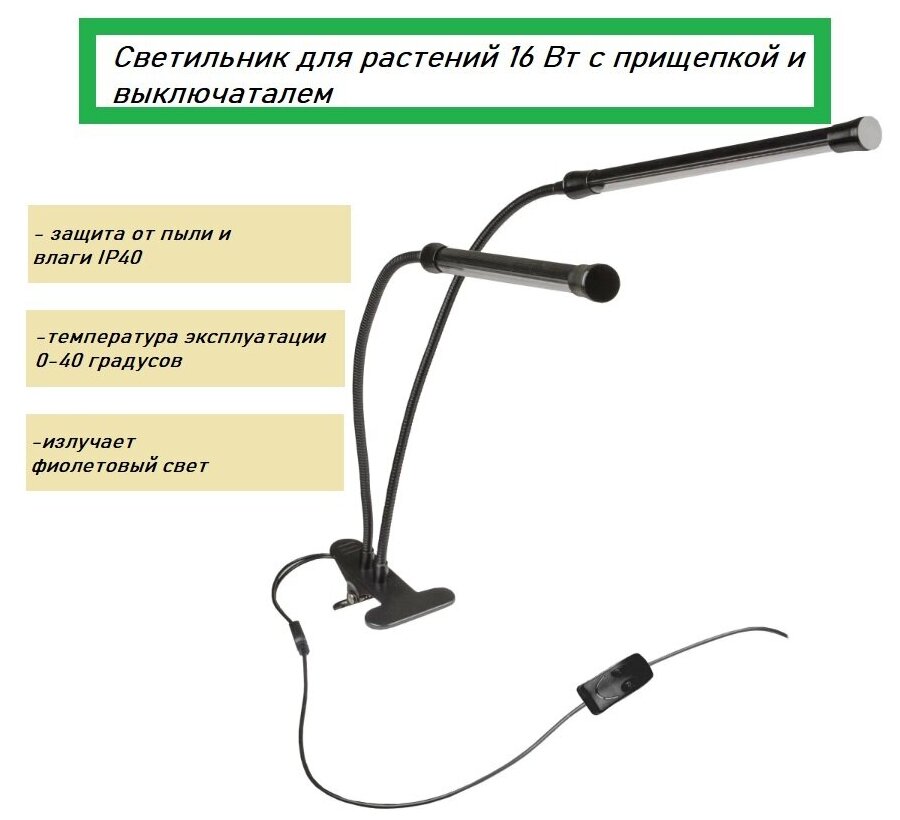 Светильник светодиодный для растений 16 Вт, с прищепкой и выключателем - фотография № 1