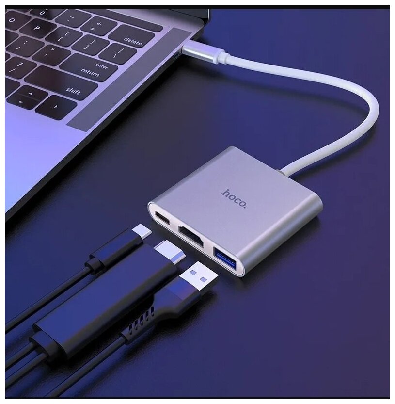 Адаптер HOCO HB14 Easy USB-C на USB30+HDMI+USB-C PD 67W (серый)