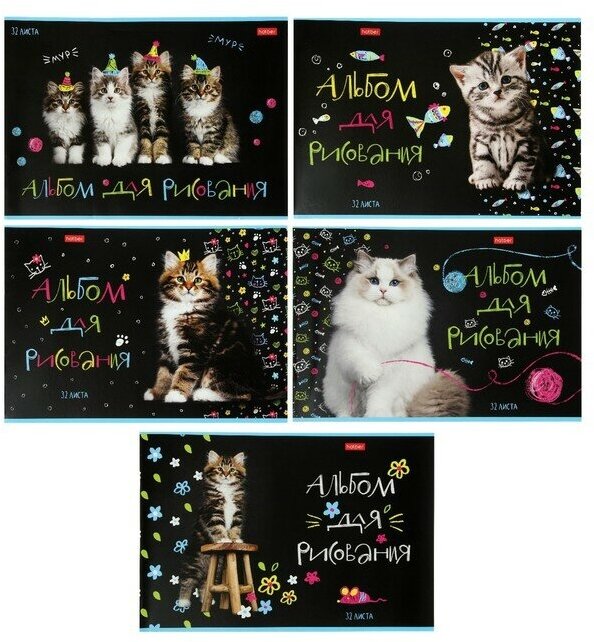 Альбом для рисования А4, 32 листа на скрепке "МУРчат коты", обложка мелованный картон, блок 100 г/м2, микс