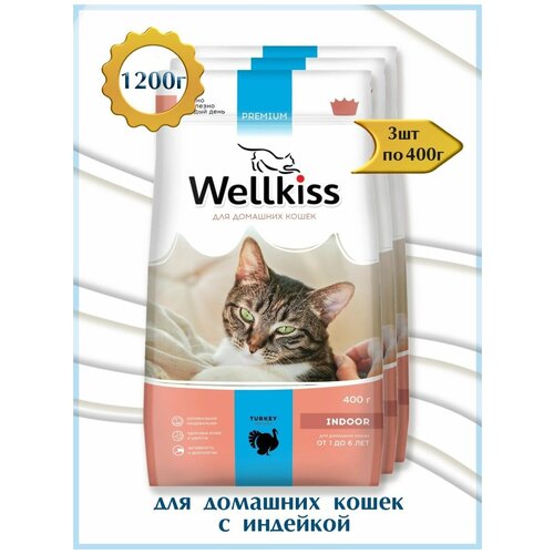 Wellkiss Корм сухой для малоподвижных домашних кошек с индейкой 3шт по 400г