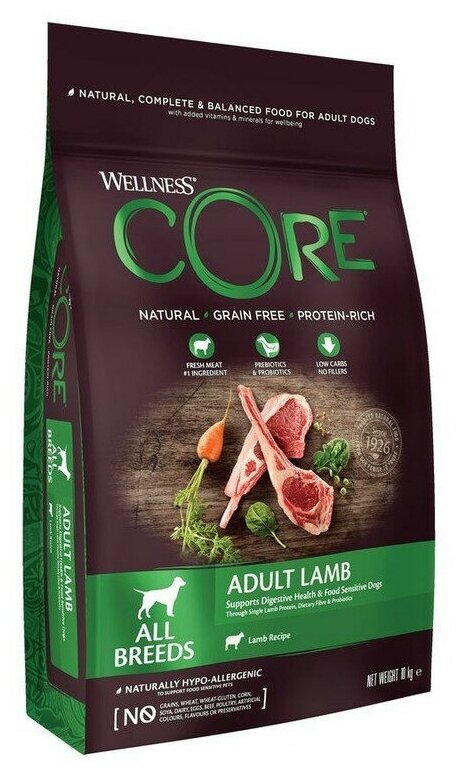 Wellness Core сухой корм для взрослых собак всех пород из ягненка с яблоком - 10 кг