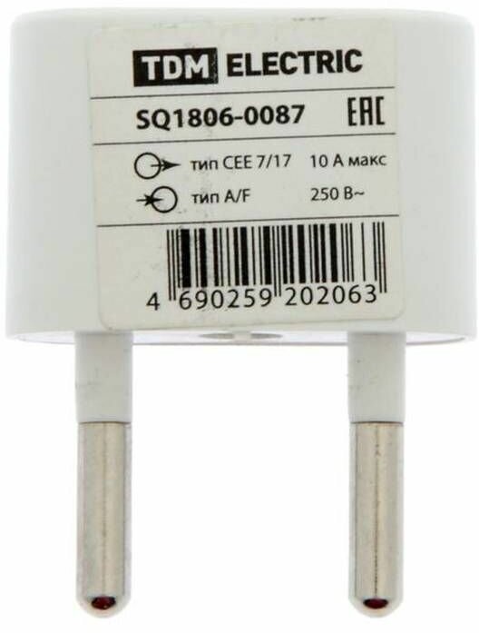 Переходник сетевой TDM Electric, CEE 7/17 - А/F, 10А, 250В, цвет белый, 1 шт.