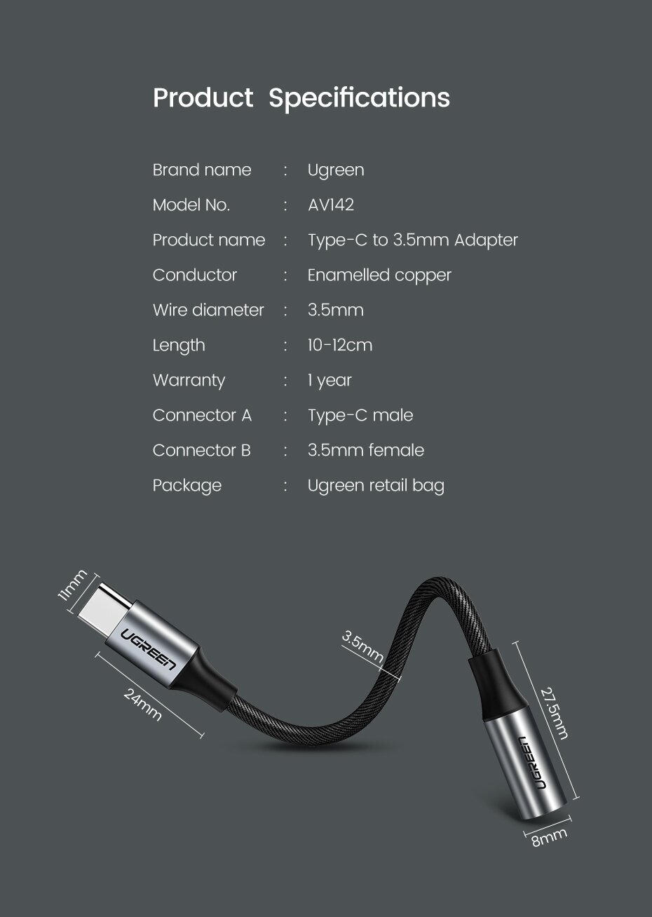 Кабель UGreen AV142_ USB-C / mini-jack 3.5 mm - фото №8