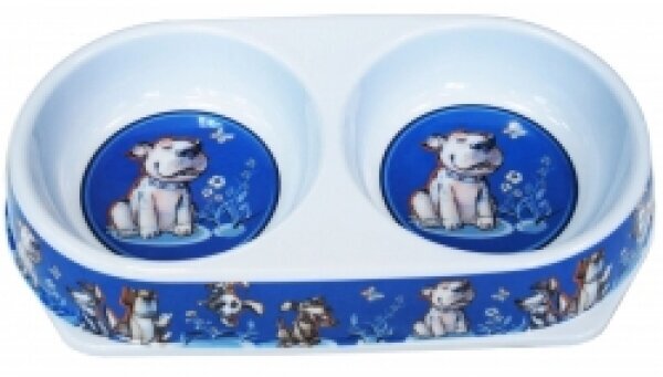 №1 Миска двойная для собак из меламина голубая с рисунком "Щенок" 2*180мл