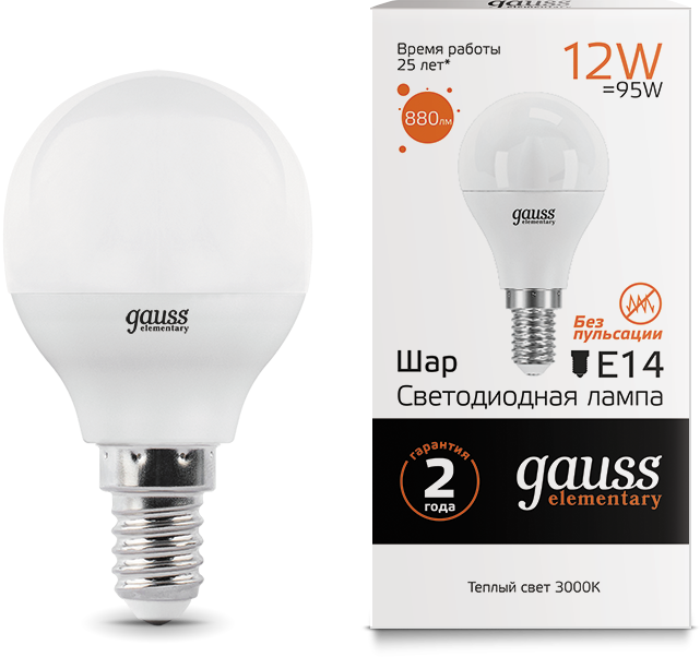 Gauss Лампа Elementary Шар 12W 880lm 3000K Е14 LED 53112 (68 шт.)