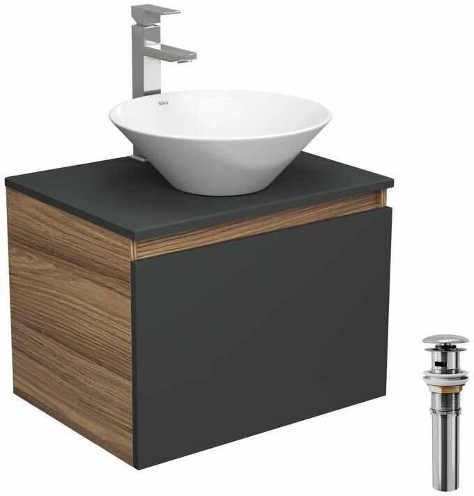 Комплект для ванной, 4 предмета (тумба Bau 60, графит + раковина BAU Dream D43 + смеситель Hotel Still, выпуск клик-клак, хром)