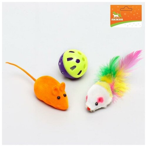 Пижон Набор игрушек для кошек: 2 мыши (5 и 6 см) и шарик 3,8 см, микс цветов