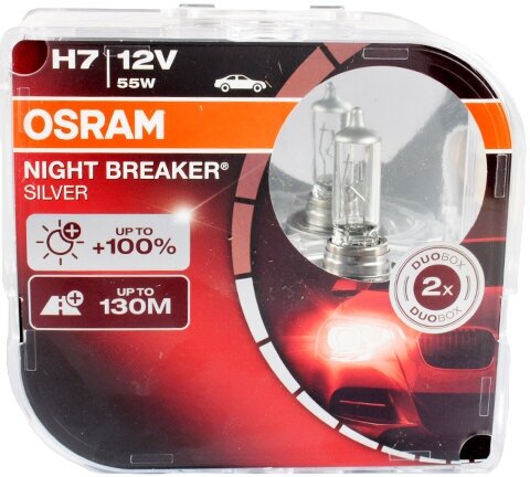 Лампа автомобильная галогенная OSRAM NIGHT BREAKER SILVER H7 64210NBS-HCB +100% 12V 55W PX26d