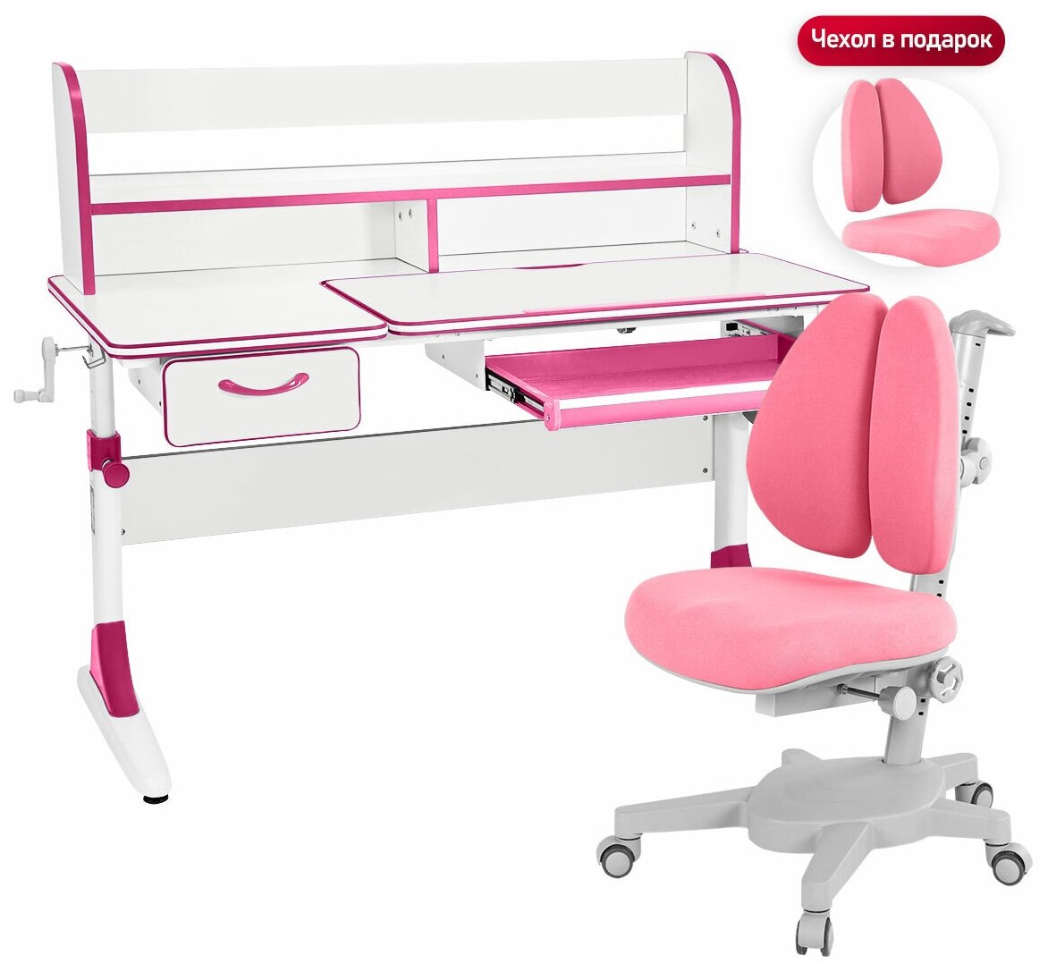 Комплект Anatomica Smart-60 Lux парта + кресло + надстройка + органайзер + ящик белый/розовый с розовым креслом Armata Duos - фотография № 1