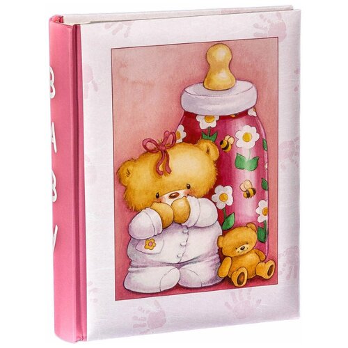 Фотоальбом детский «Медвежонок с детской бутылочкой», 200 фото 10х15 см, кармашки, розовый