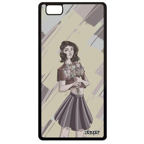 фото Защитный чехол для мобильного // huawei p8 lite 2015 // "девушка и цветы" манга стиль, utaupia, серый