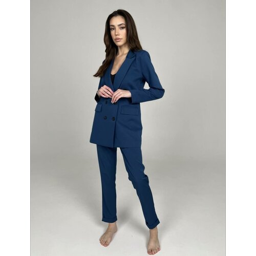 фото Костюм blazer, жакет и брюки, классический стиль, полуприлегающий силуэт, пояс на резинке, размер 42, синий
