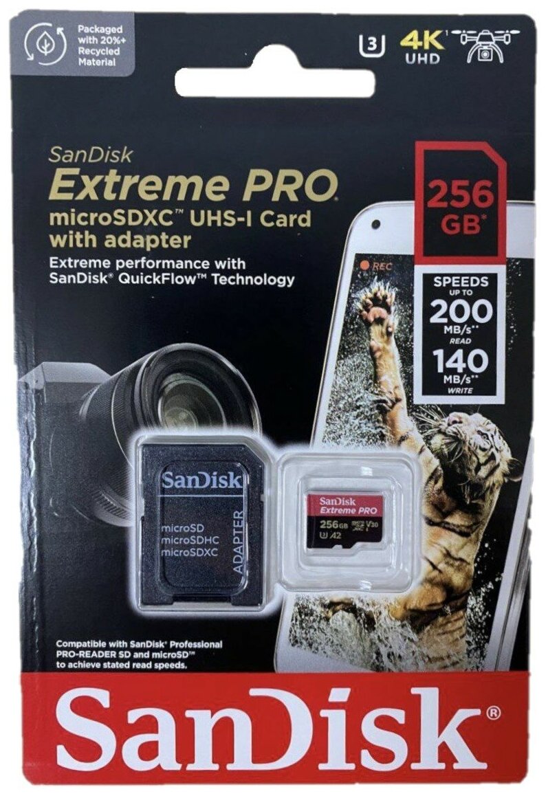 Карта памяти SanDisk Extreme PRO microSDXC 256 ГБ Class 10, V30, A2, UHS-I U3, R/W 200/140 МБ/с, адаптер на SD, 1 шт черный