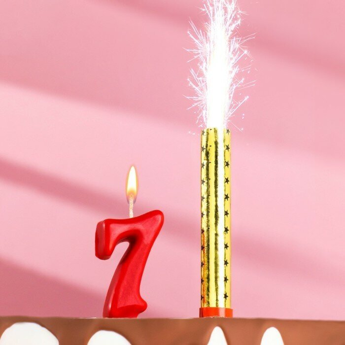 Страна Карнавалия Свеча для торта цифра "Овал" красная "7" + фонтан