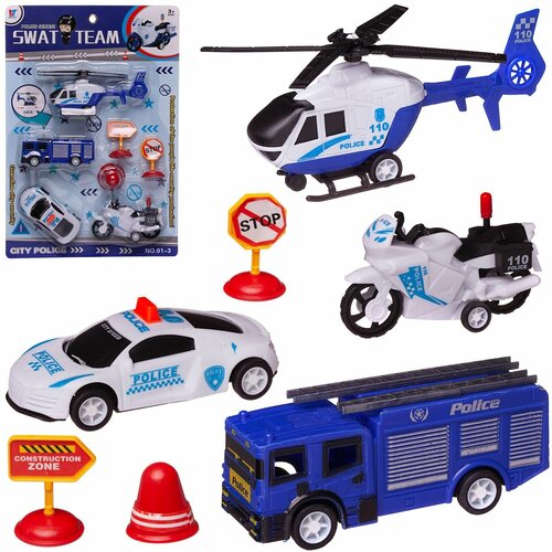 Игровой набор Junfa Полиция (2 машинки, вертолет, мотоцикл инерционные, пластмассовые, дорожные знак