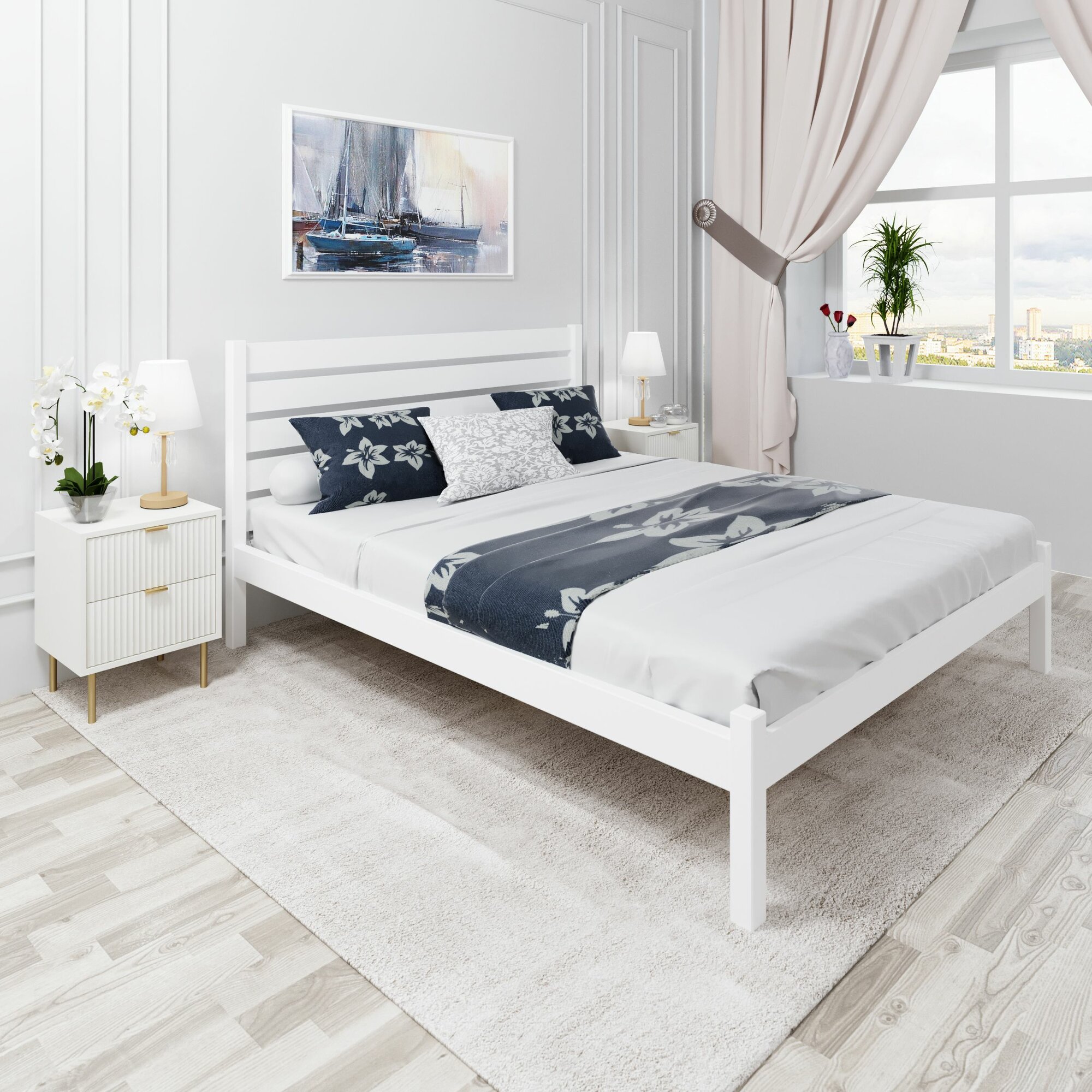 Кровать двуспальная Классика из массива сосны с высокой спинкой и реечным основанием, 200х180 см (габариты 210х190), цвет белый