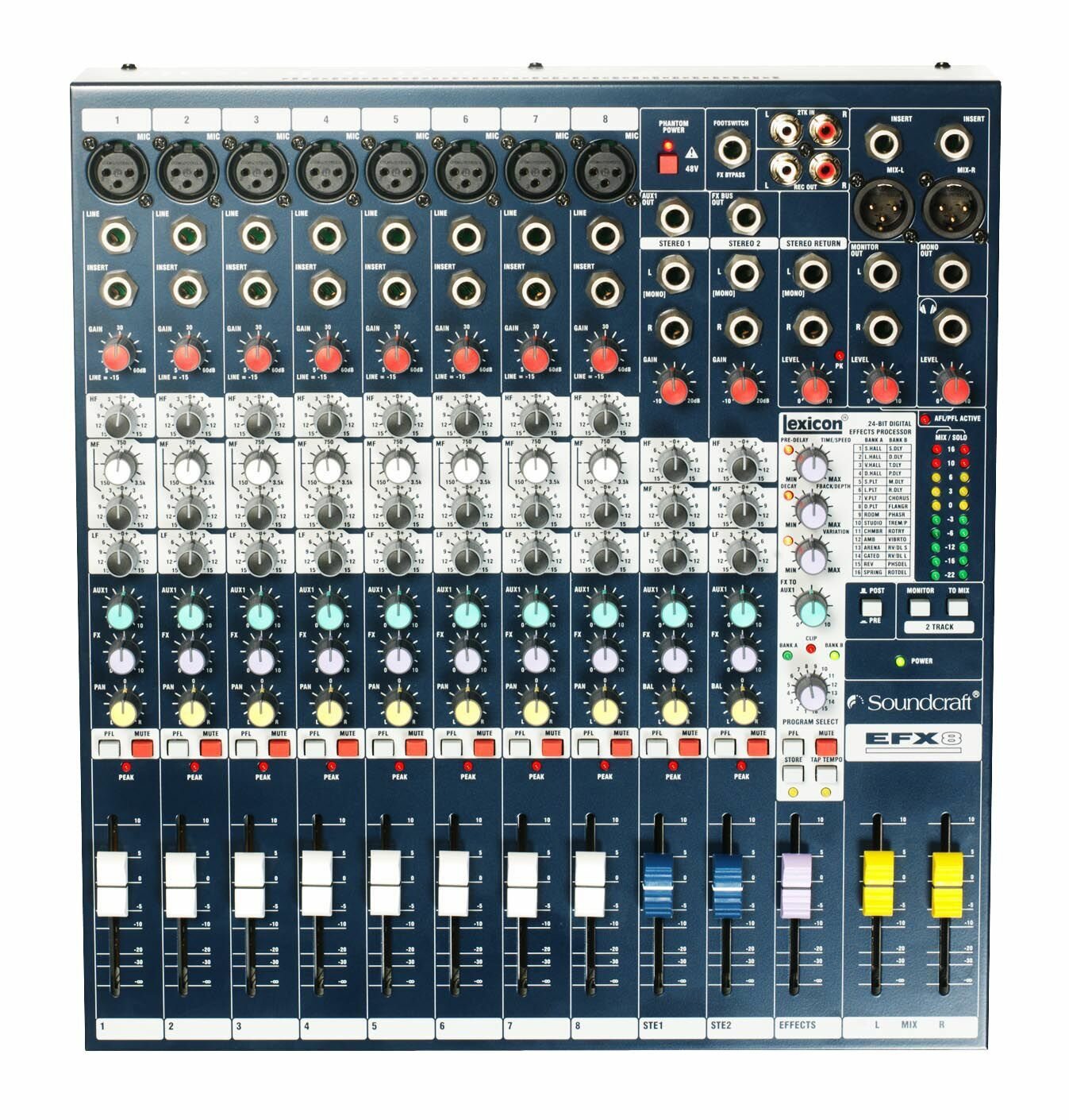 Soundcraft EFX8 - Микшерный пульт 8 моно, 2 стерео, 2 Aux, встроенный процессор Lexicon , 32 программы