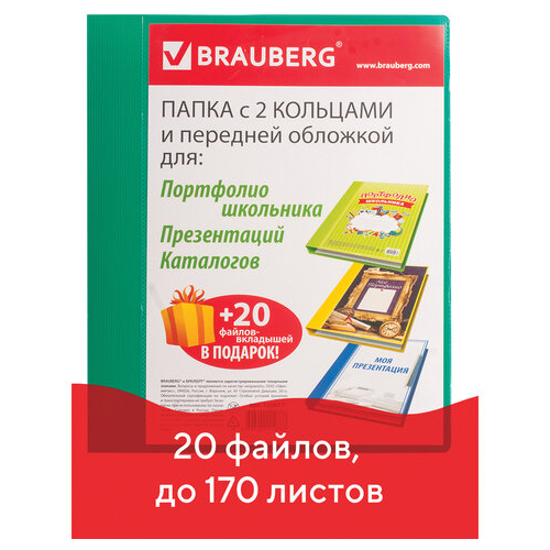 Папка Папка для портфолио и презентаций, 2 кольца, 20 файлов, пластик, зеленая, BRAUBERG, 126677