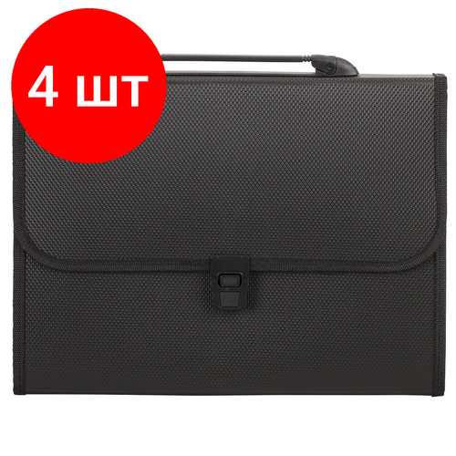 Комплект 4 шт, Папка-портфель пластиковая STAFF А4 (330х235х50 мм), 7 отделений, с окантовкой, индексные ярлыки, черный, 221206