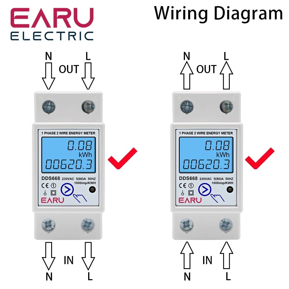 Изображение EARUELECTRIC Цифровой однофазный счетчик энергии 220В, AC220V 50Hz