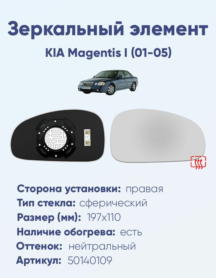 Зеркальный элемент правый KIA Magentis I (01-05) сфера нейтральный с обогревом