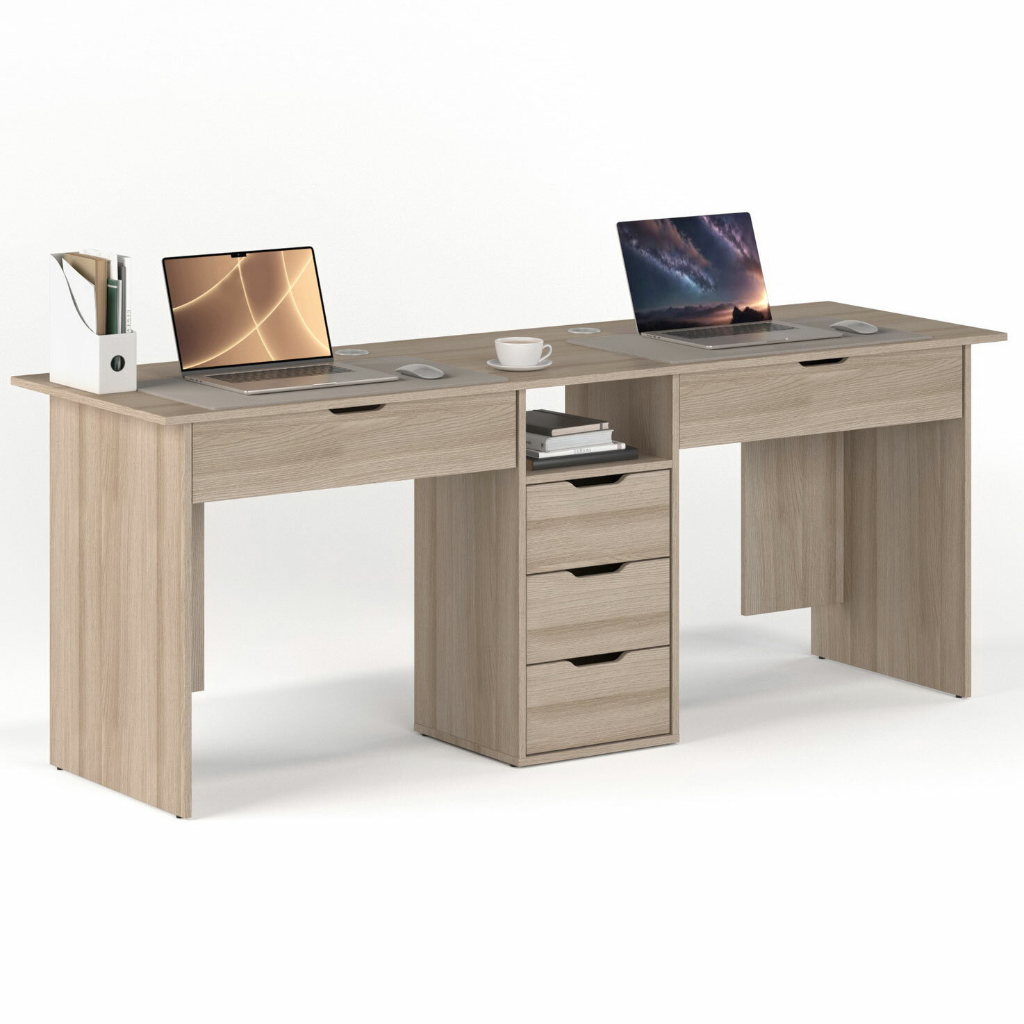 Письменный стол для двоих однотумбовый с 5 ящиками МагМебель Б89Я ясень шимо светлый