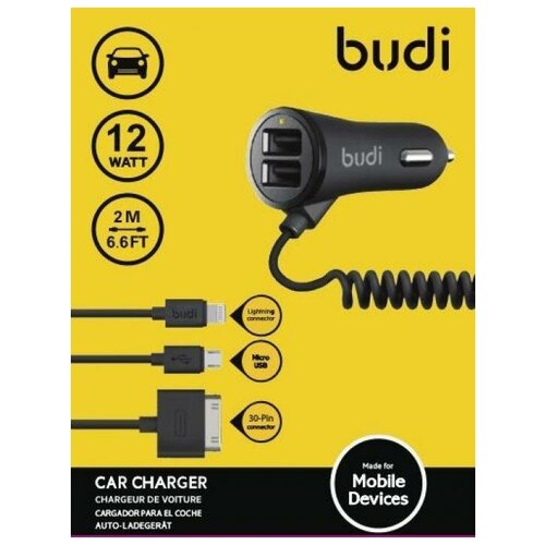 фото Автомобильное зарядное устройство budi car carger 2 usb with 30 pin / micro usb / lightning cable (white)