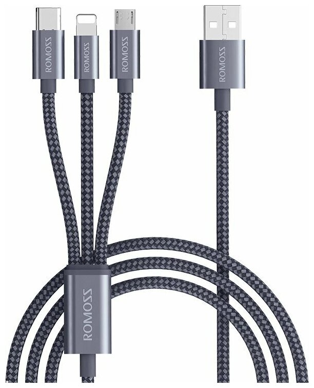 Кабель Romoss CB25A, Lightning (m)/USB Type-C (m)/micro USB (m) - USB (m), 1м, в оплетке, 2A,