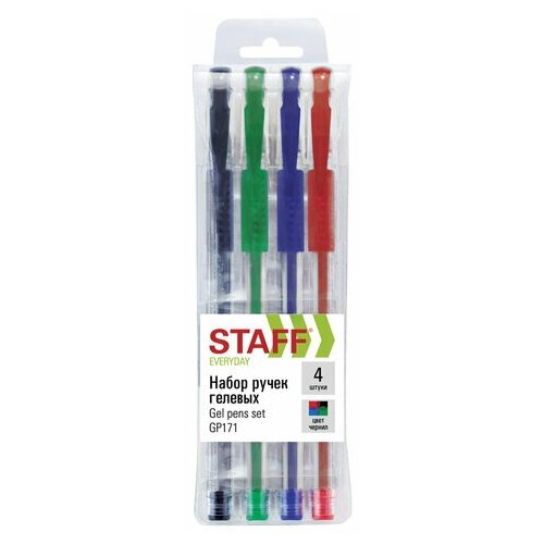Ручки гелевые с грипом STAFF EVERYDAY, набор 4 шт, ассорти, узел 0,5 мм, линия письма 0,35 мм, 141826 2 уп