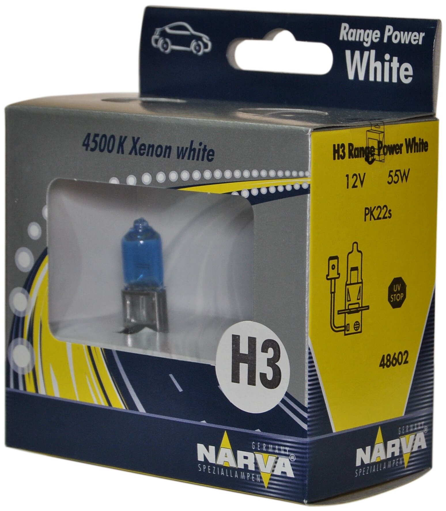 Лампа "NARVA" H3 (55) PK22s RANGE POWER WHITE 4500K (2шт) 12V  картонная коробка (48602)