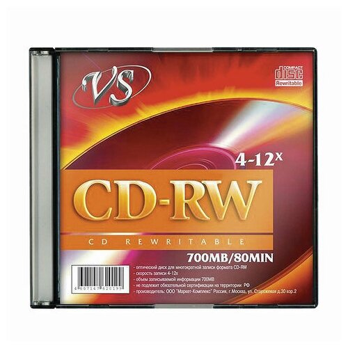фото Диск cd-rw, vs, 700 mb, 4-12 x slim case, 1 штука, vscdrwsl01