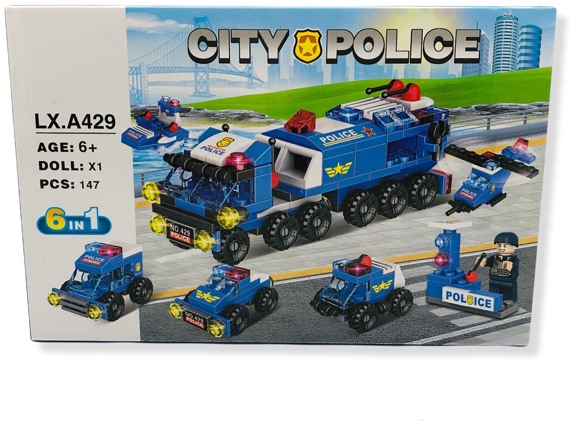 Конструктор для мальчиков / Конструктор LX CITY POLICE 6 в 1 ''Городская полиция'', 147 деталей / Конструктор набор полицейская техника
