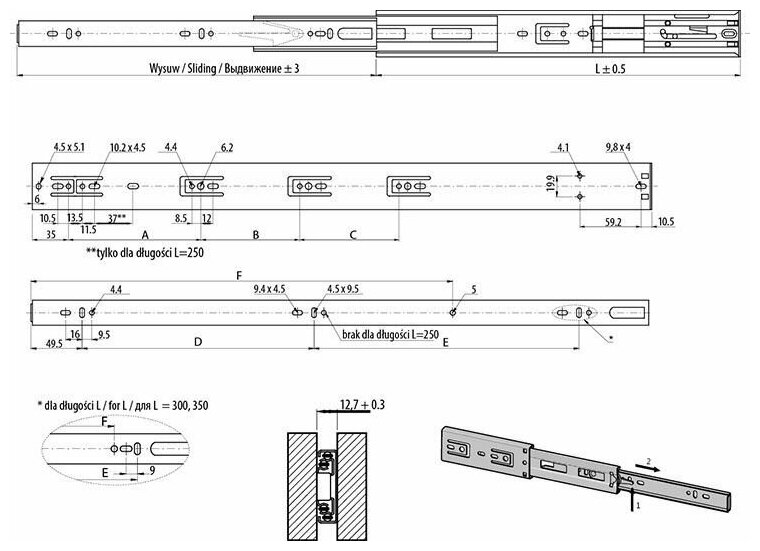 Направляющие шариковые, GTV Versalite PLUS, PK-L-H45-600 с доводчиком полного выдвижения - фотография № 2