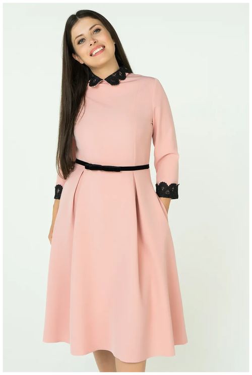 Розовое платье-миди с черным поясом и кружевными рукавами и воротником La Vida Rica D72021 Розовый 46