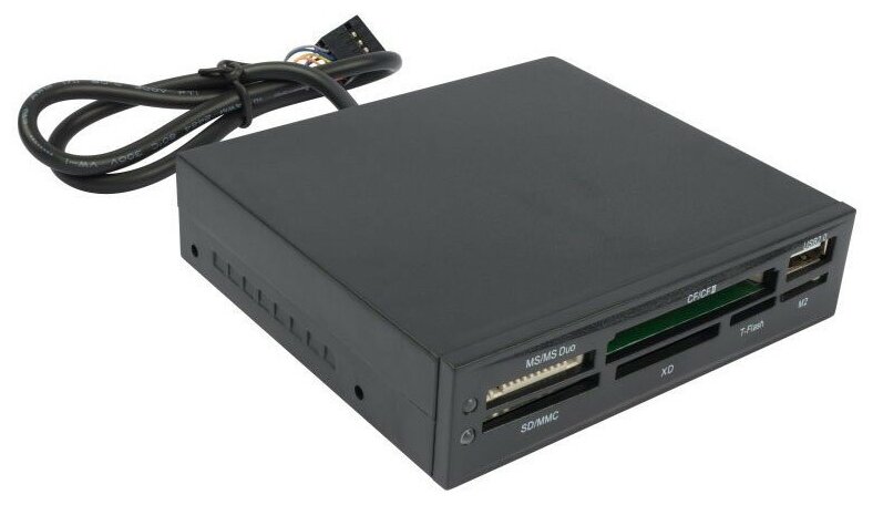 Картридер внутренний Flash card reader, USB2.0, MS/MSDUO/SD/MMC/XD/CF/CF2/T-Flash/M2, 1xUSB2.0, в отсек 3.5", чёрный