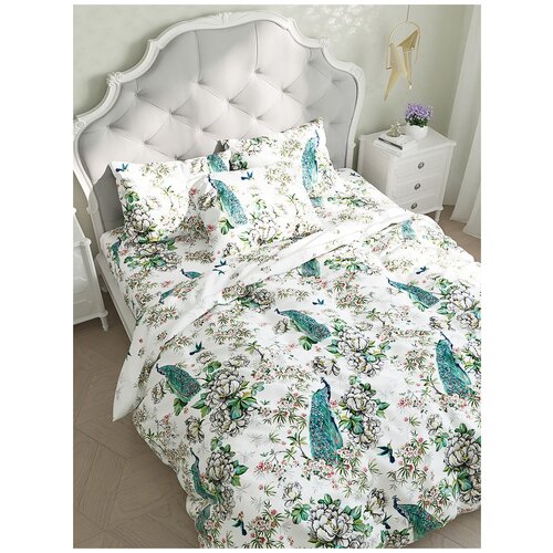 фото Постельное белье сказка "павлины" 1,5-сп наволочка 70х70 см 2 шт простынь на резинке 90х200 см пододеяльник 145х215 см