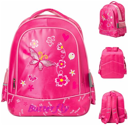 Рюкзак ACTION разм.38,5х28х11 см, с декоративной вышивкой, световозвращ. полоски, розовый, д/девочек