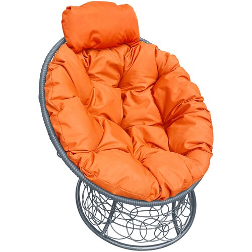 Кресло M-Group папасан мини ротанг серое, оранжевая подушка