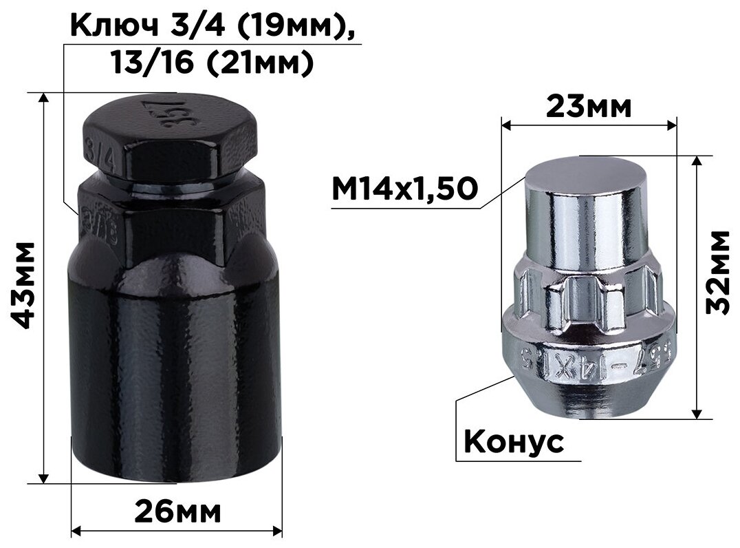 Гайки секретки М14х150 32мм Конус закр 5 луч 1 кл хром SKYWAY 006 ( в компл.4шт) S10702006