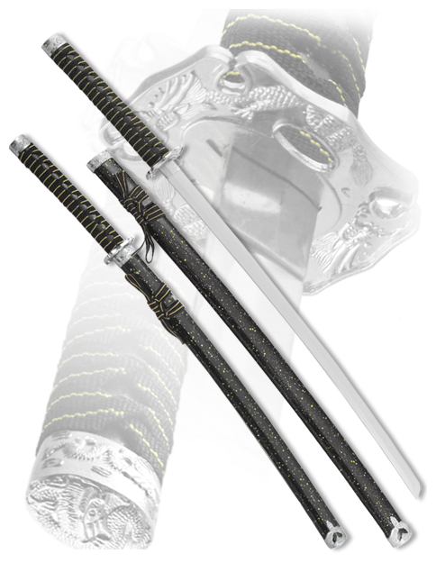 Набор самурайских мечей на подставке D-50022-KA-WA, 2 шт. Ножны черный мрамор