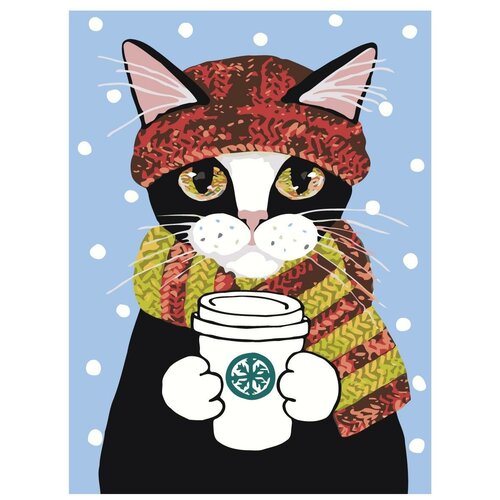 Картина по номерам, Живопись по номерам, 54 x 72, A196, чёрный, кот, кофе, чашка, зима, снег, шарф, шапка