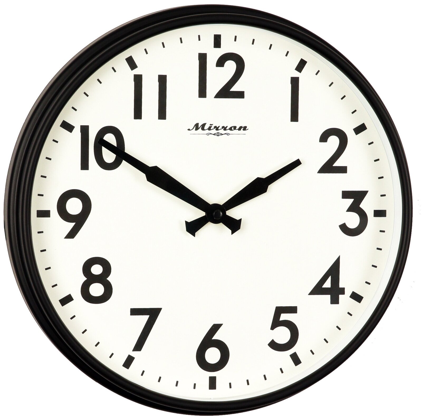 Настенные кварцевые часы MIRRON P3086A ЧБ/Большие круглые часы/33 см/Минималистические часы/Чёрный цвет корпуса/Белый (светлый) циферблат/Бесшумный плавный механизм